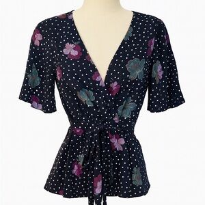 2/$30 LOFT Blouse Womens Small Floral Polka Dot Wrap Tie Waist Top Short Sleeve